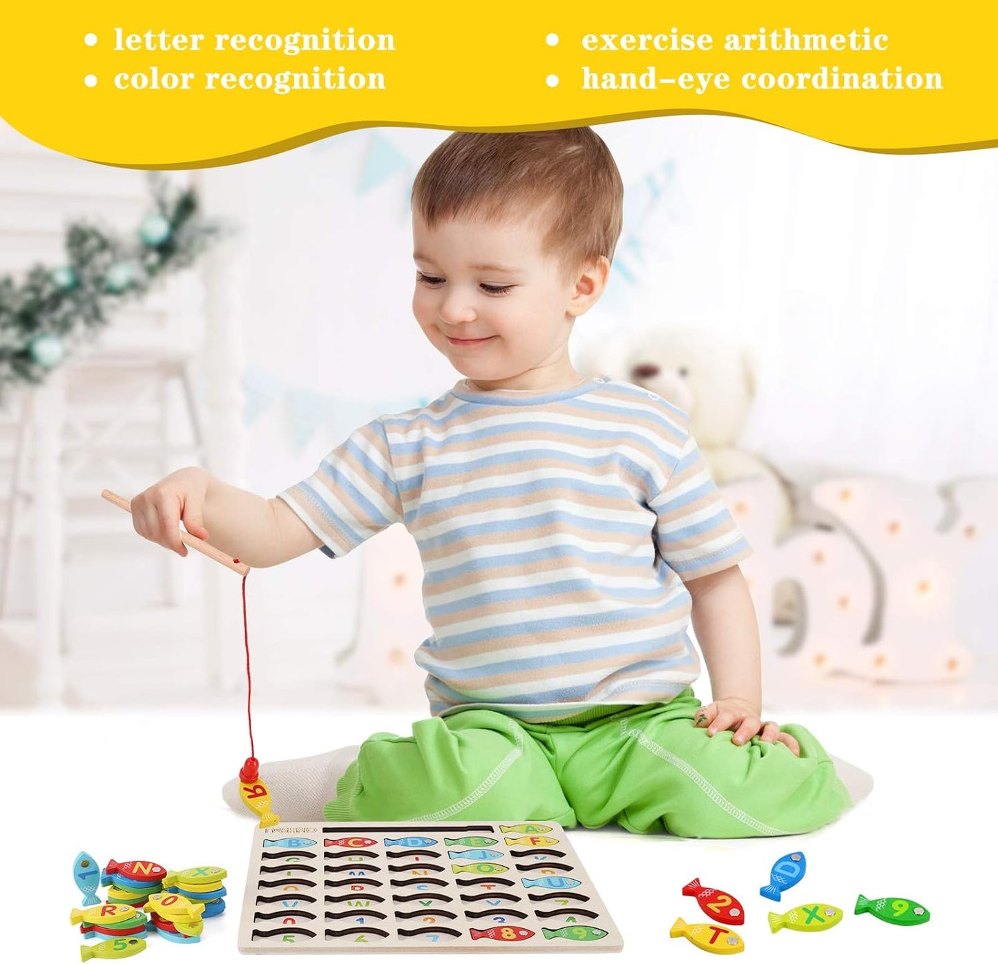 👦✨Magnetic Wooden Fishing Game Toy, Alphabet Fishing Counting Game Puzzle