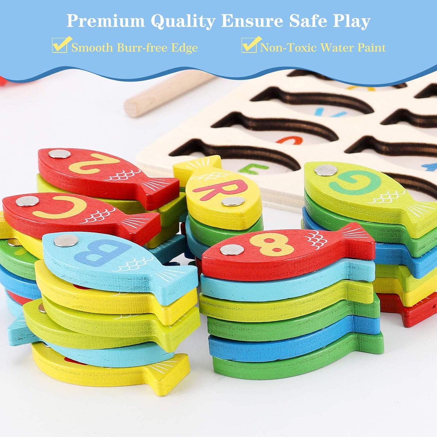 👦✨Magnetic Wooden Fishing Game Toy, Alphabet Fishing Counting Game Puzzle