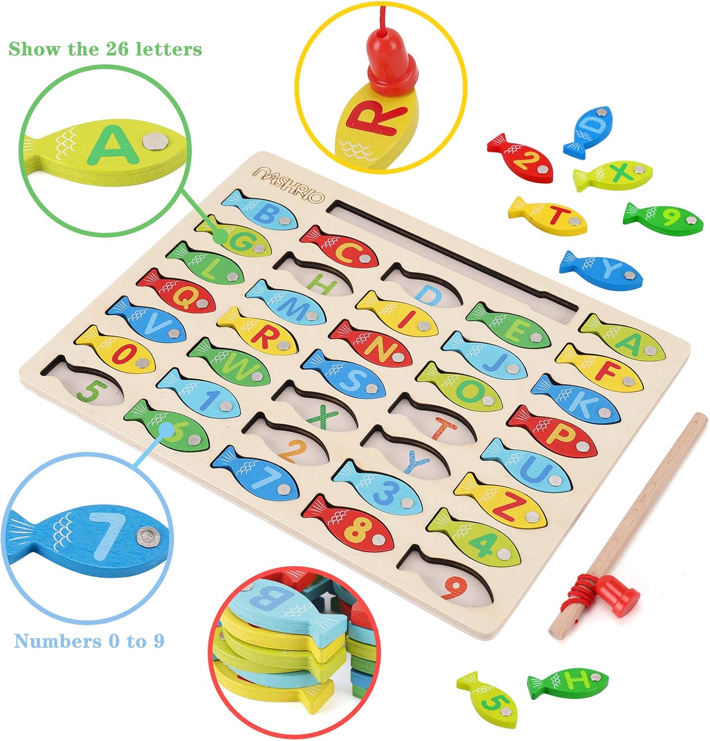 👦✨Magnetic Wooden Fishing Game Toy, Alphabet Fishing Counting Game Puzzle