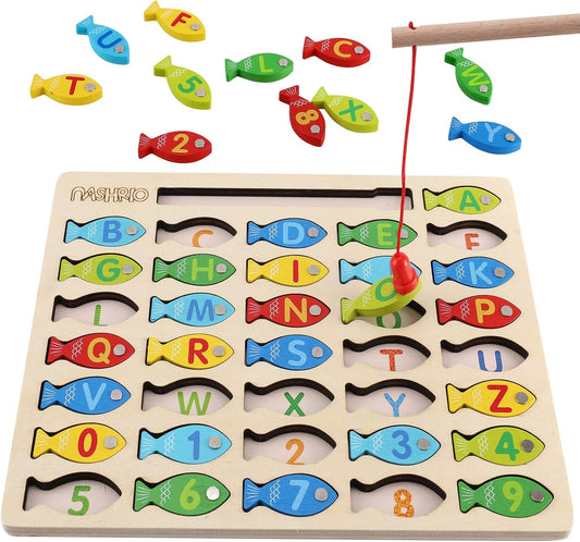 👦✨Magnetic Wooden Fishing Game Toy, Alphabet Fishing Counting Game Puzzle
